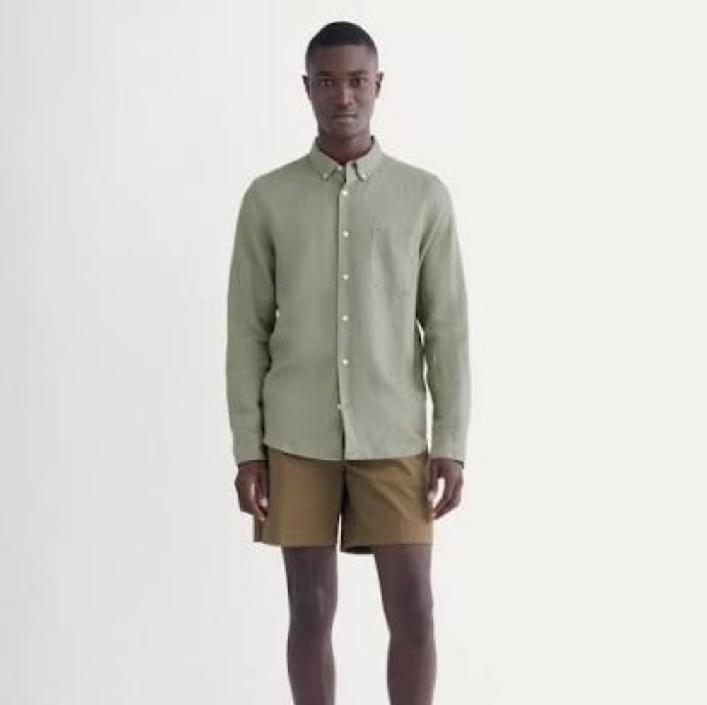 Everlane Shirt Mens 2XL XXL Green Linen Long Sleeve Button Down